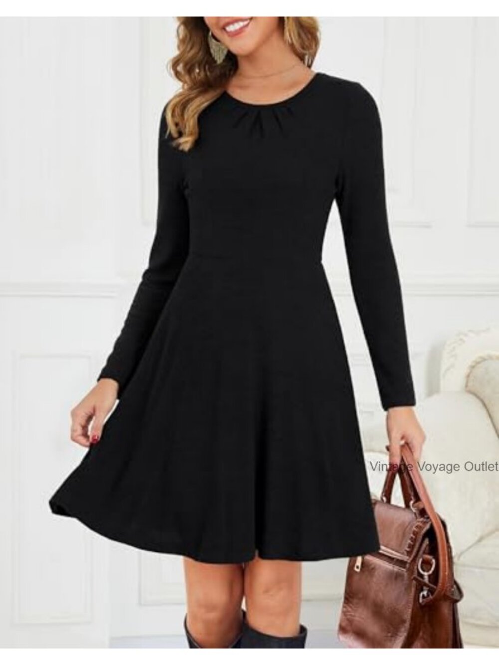 Women Long Sleeve Crew Neck Midi Sweater Dress with Pockets - Picture 2 of 6